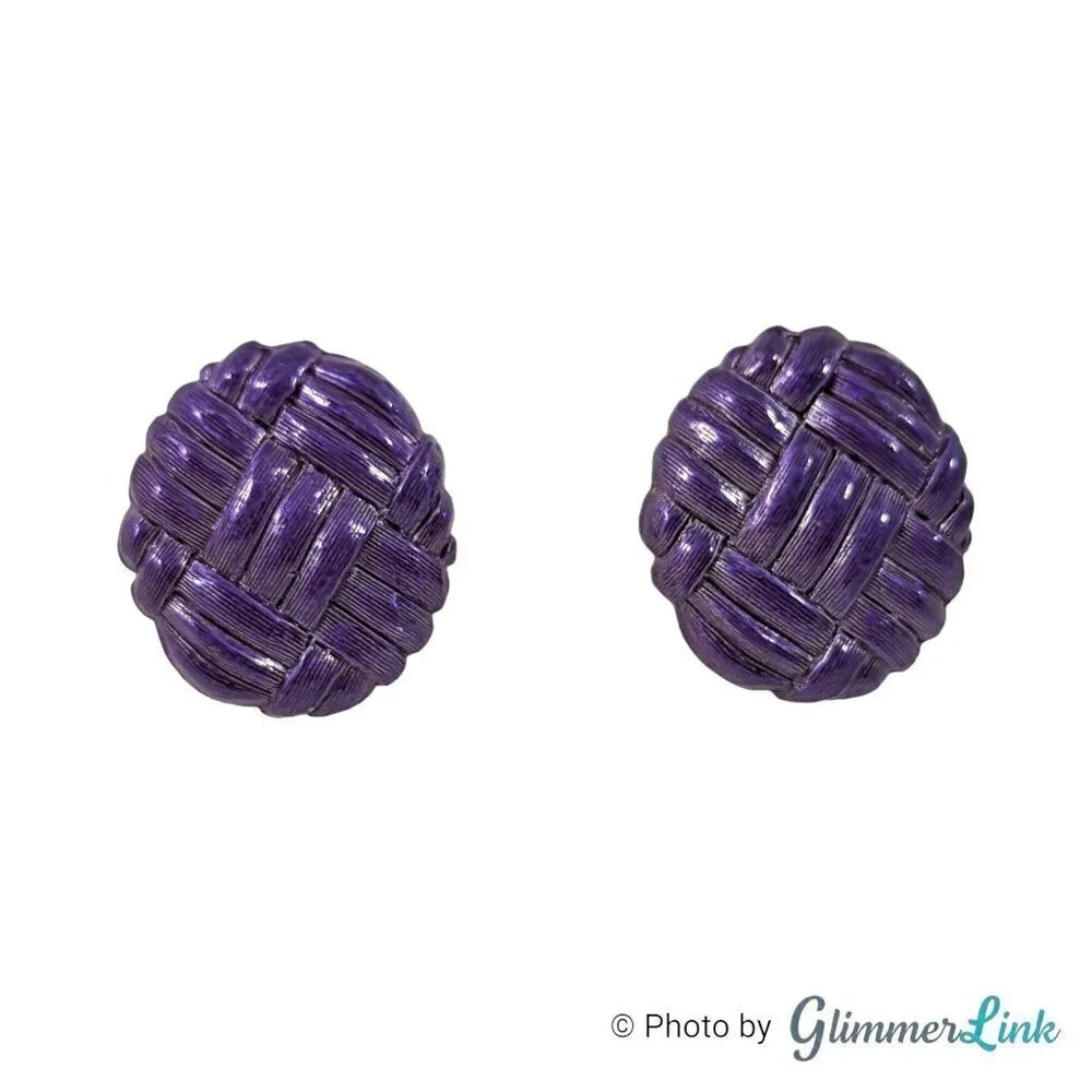 Vintage 80s Purple Enamel Round Woven Knot Metal Earrings